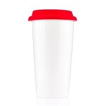 16 oz  White Ceramic Cup with Colored Silicone Lid - Red