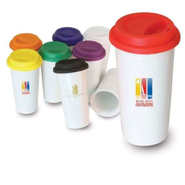 Main Product Image for 16 oz  White Ceramic Cup with Colored Silicone Lid