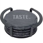 Buy Custom Printed Round Slate Coaster Set with Black Metal Stand