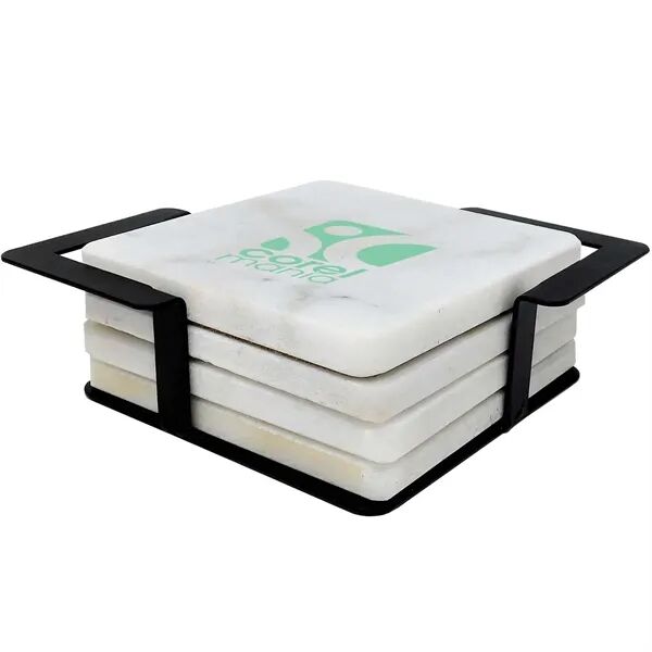 Main Product Image for Custom Square White Marble Coaster Set With Black Metal Stand