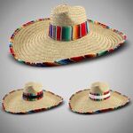 Giant Natural Straw Sombrero with Serape Trim -  