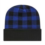 In Stock Plaid Knit Cap with Cuff - True Royal/black